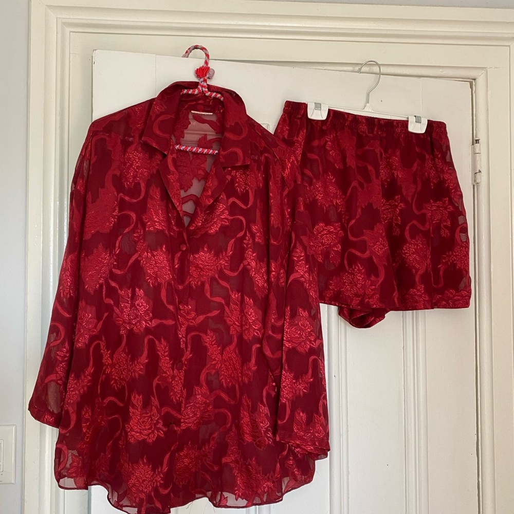 Vintage Red Women's Floral Sheer Pajama Set